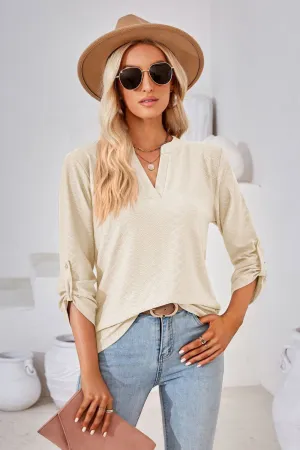 V-Neck Roll-Tap Sleeve Blouse (8 Colors)