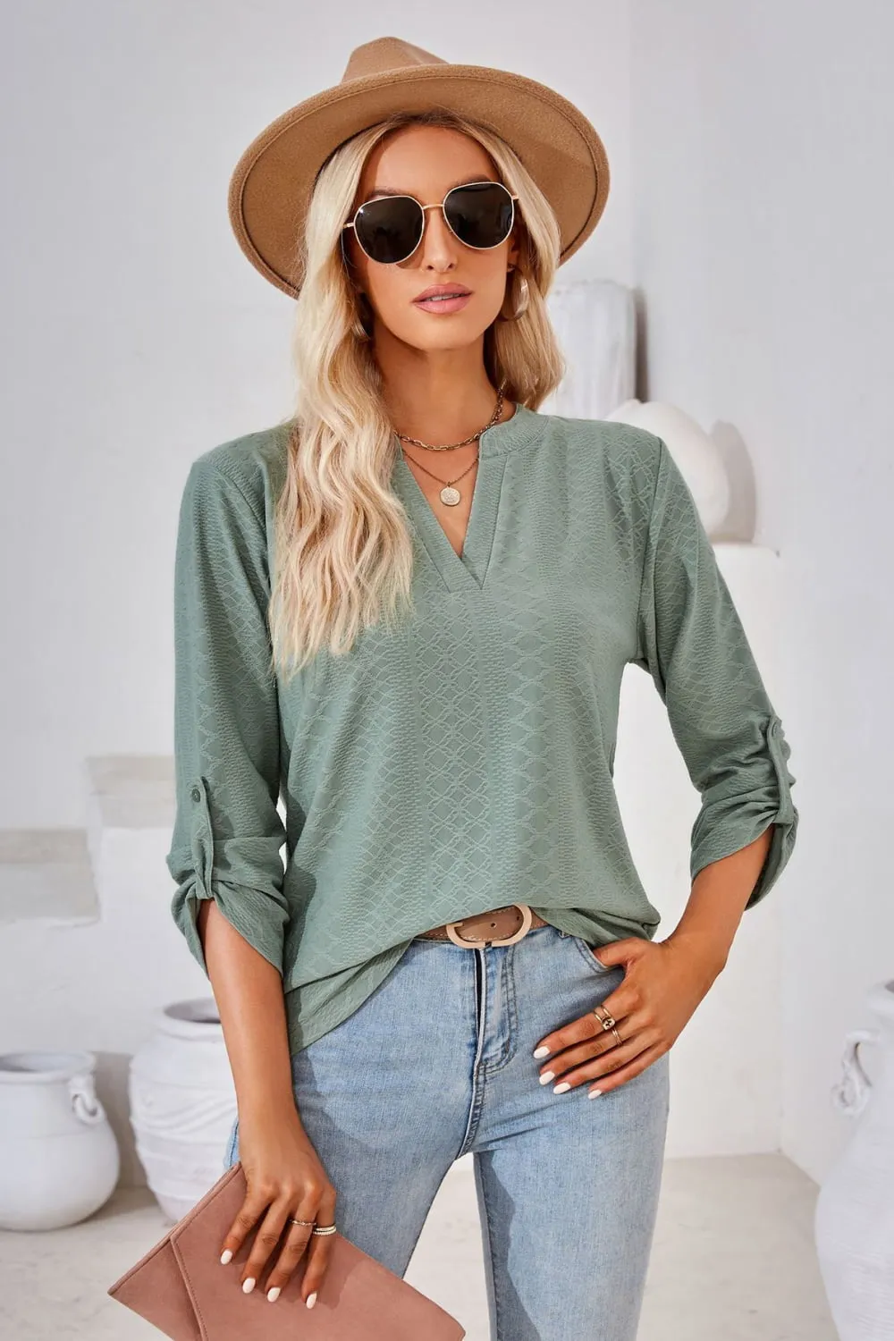 V-Neck Roll-Tap Sleeve Blouse (8 Colors)