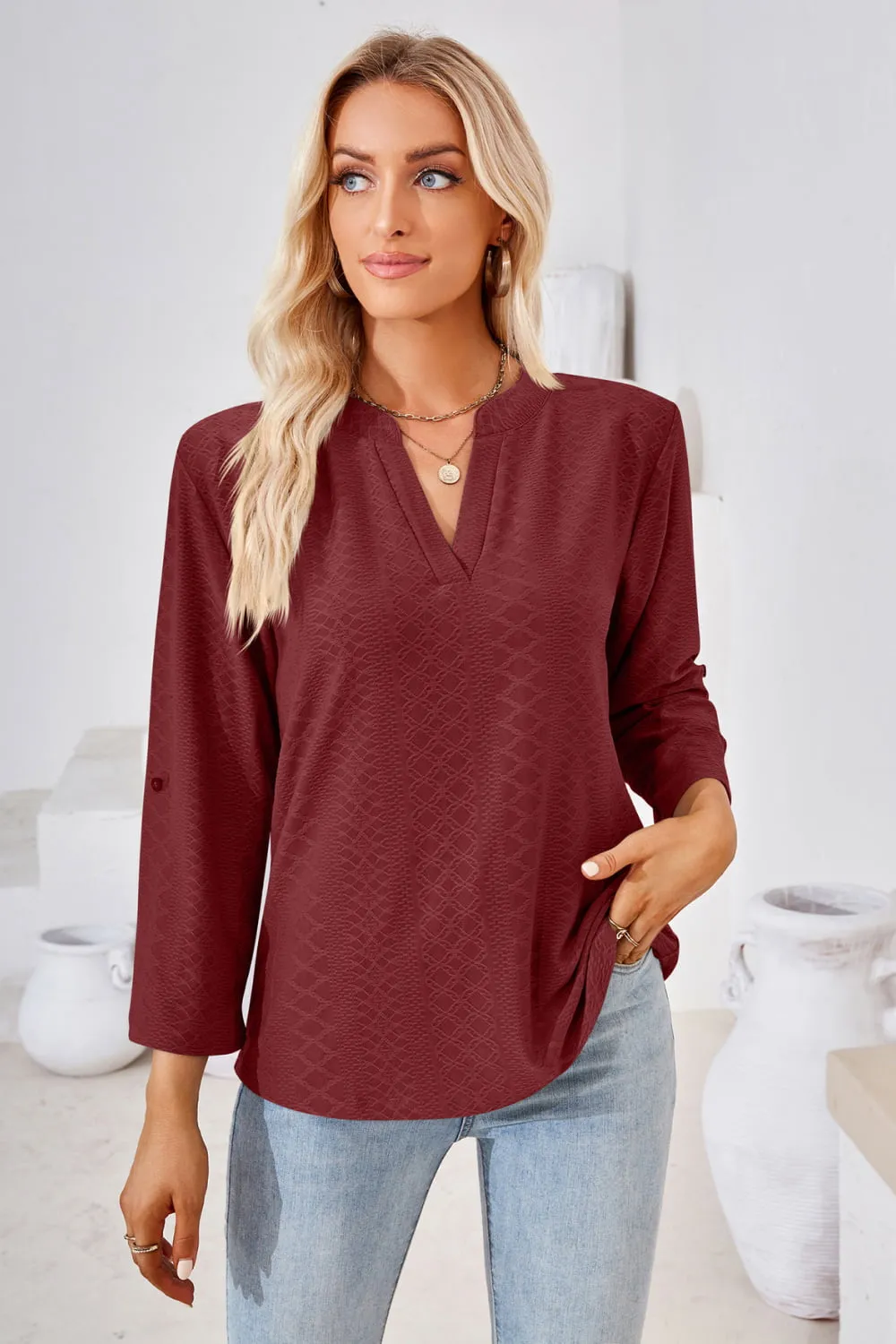 V-Neck Roll-Tap Sleeve Blouse (8 Colors)