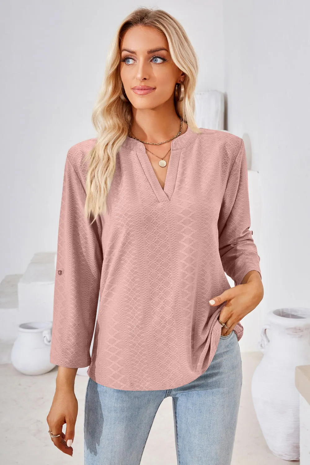 V-Neck Roll-Tap Sleeve Blouse (8 Colors)