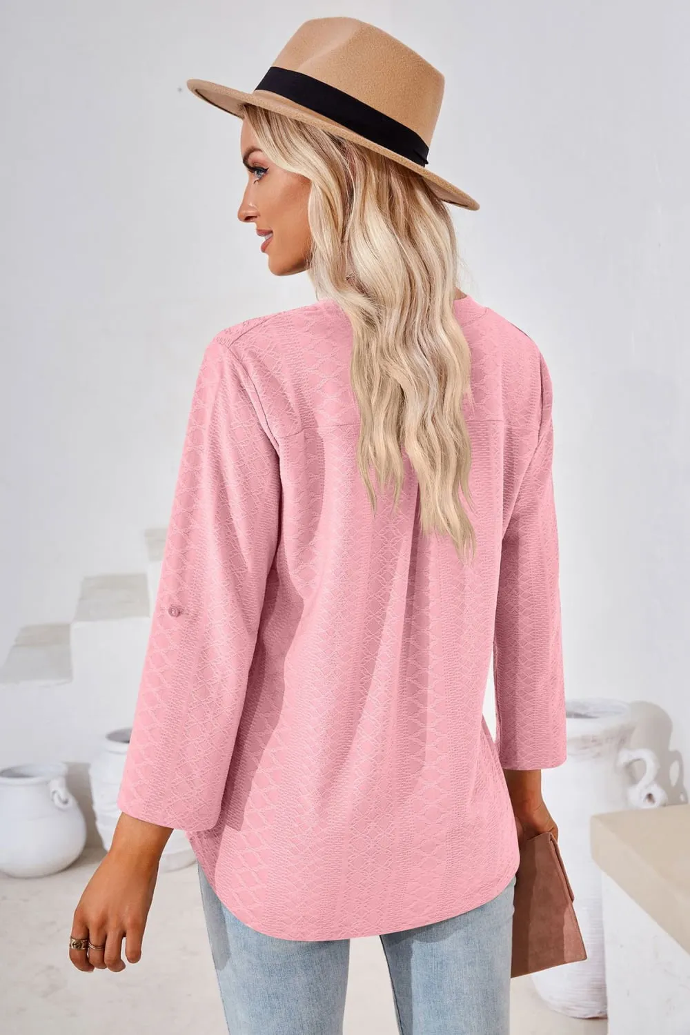 V-Neck Roll-Tap Sleeve Blouse (8 Colors)