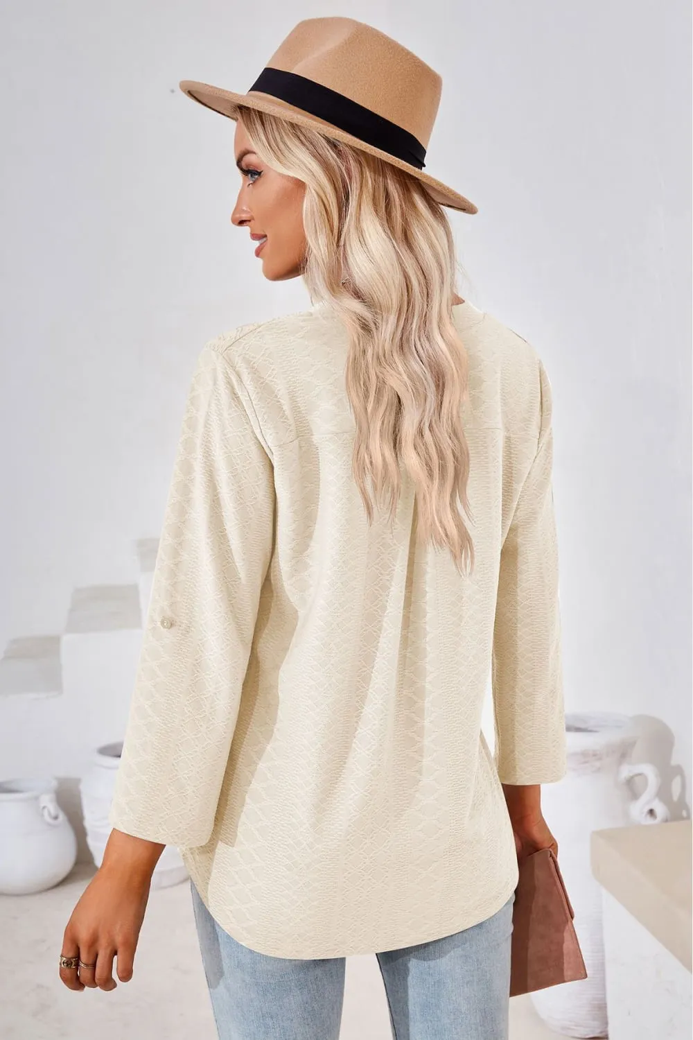 V-Neck Roll-Tap Sleeve Blouse (8 Colors)