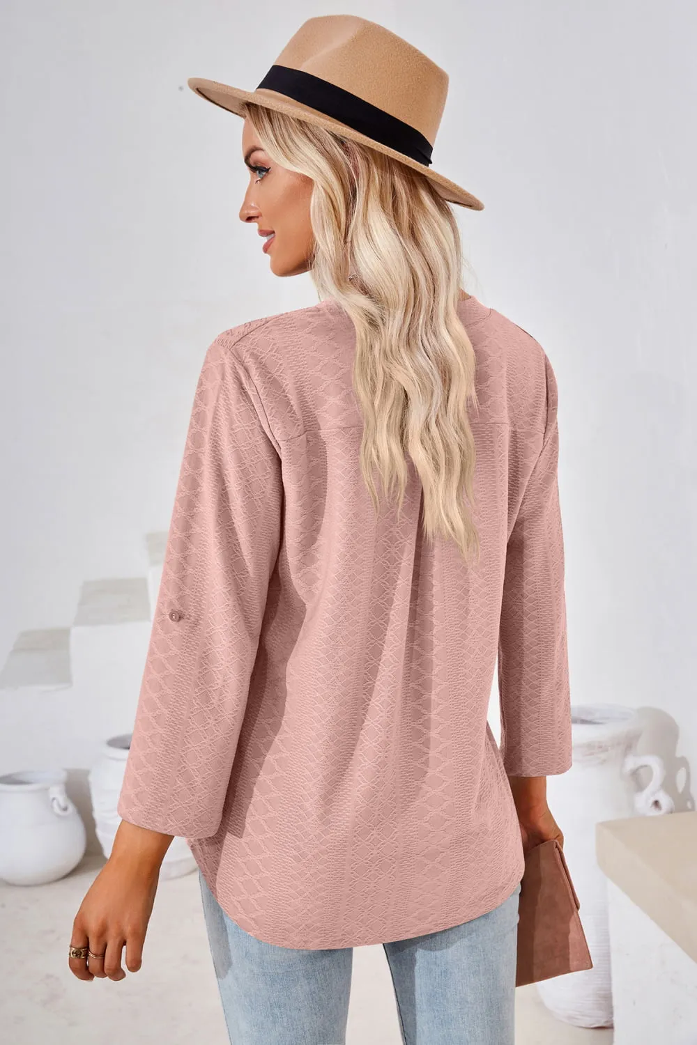 V-Neck Roll-Tap Sleeve Blouse (8 Colors)