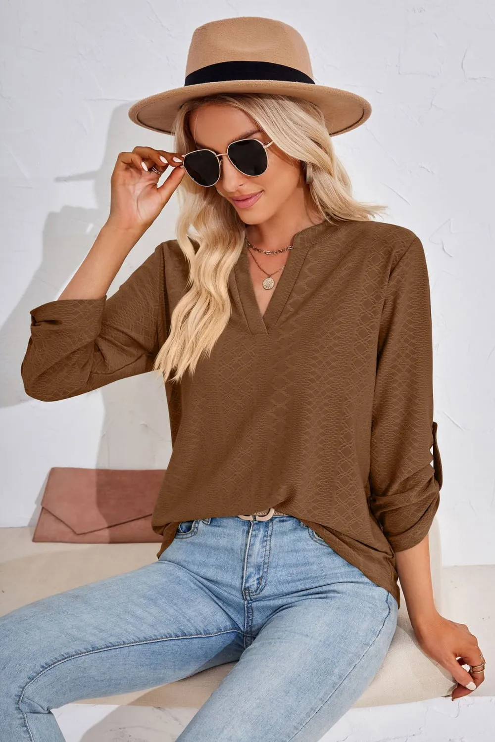 V-Neck Roll-Tap Sleeve Blouse (8 Colors)