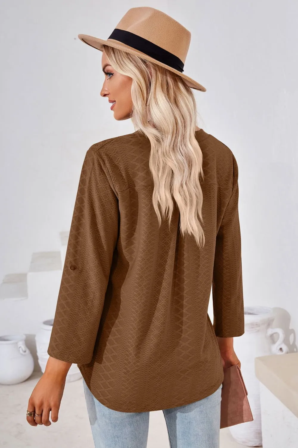 V-Neck Roll-Tap Sleeve Blouse (8 Colors)