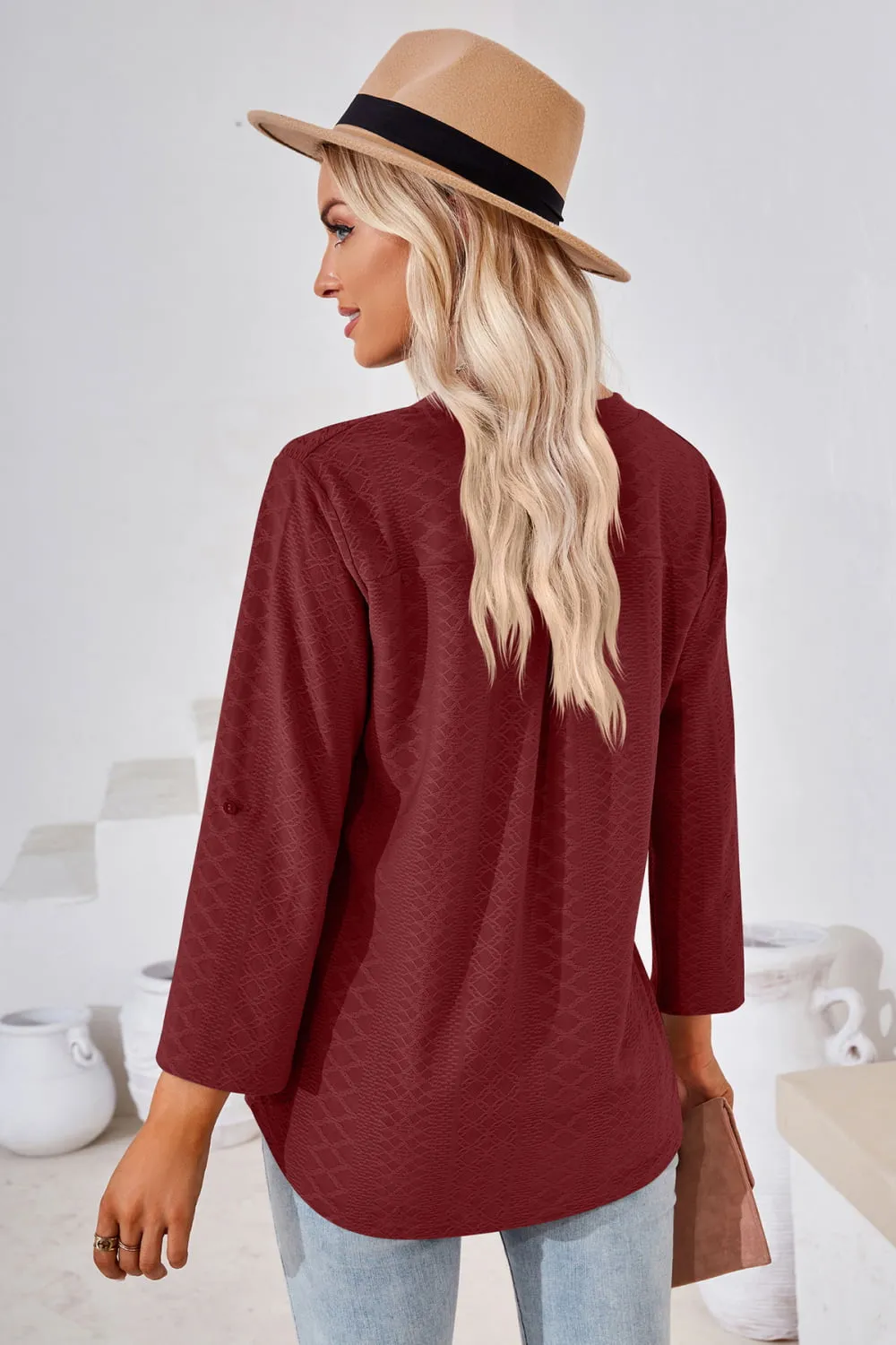 V-Neck Roll-Tap Sleeve Blouse (8 Colors)