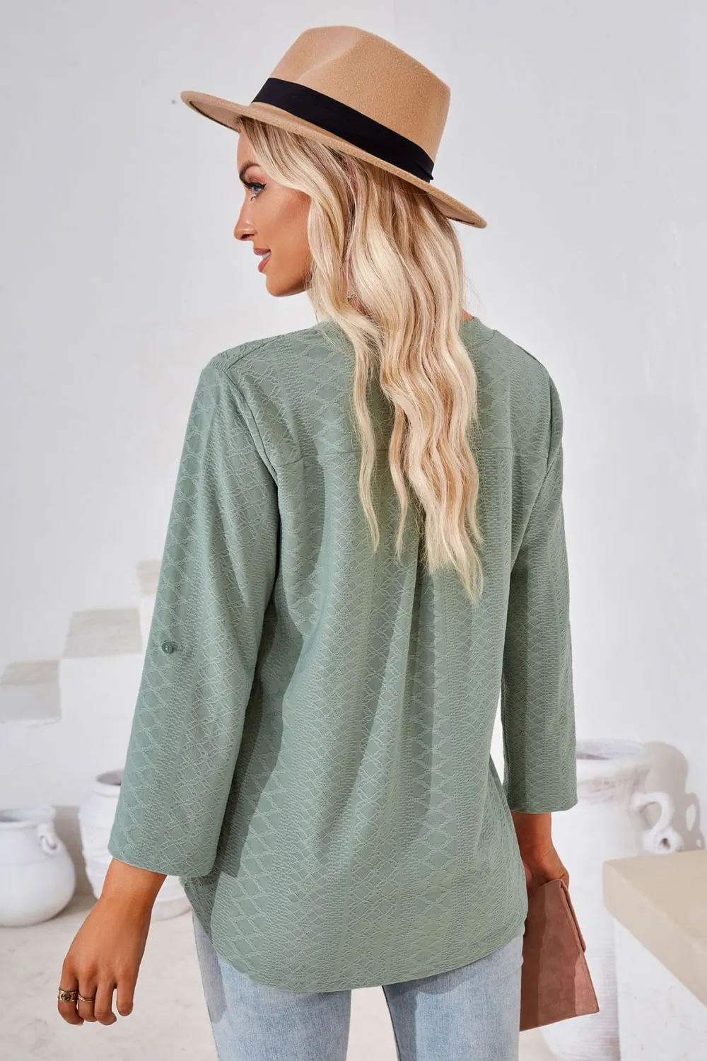 V-Neck Roll-Tap Sleeve Blouse (8 Colors)