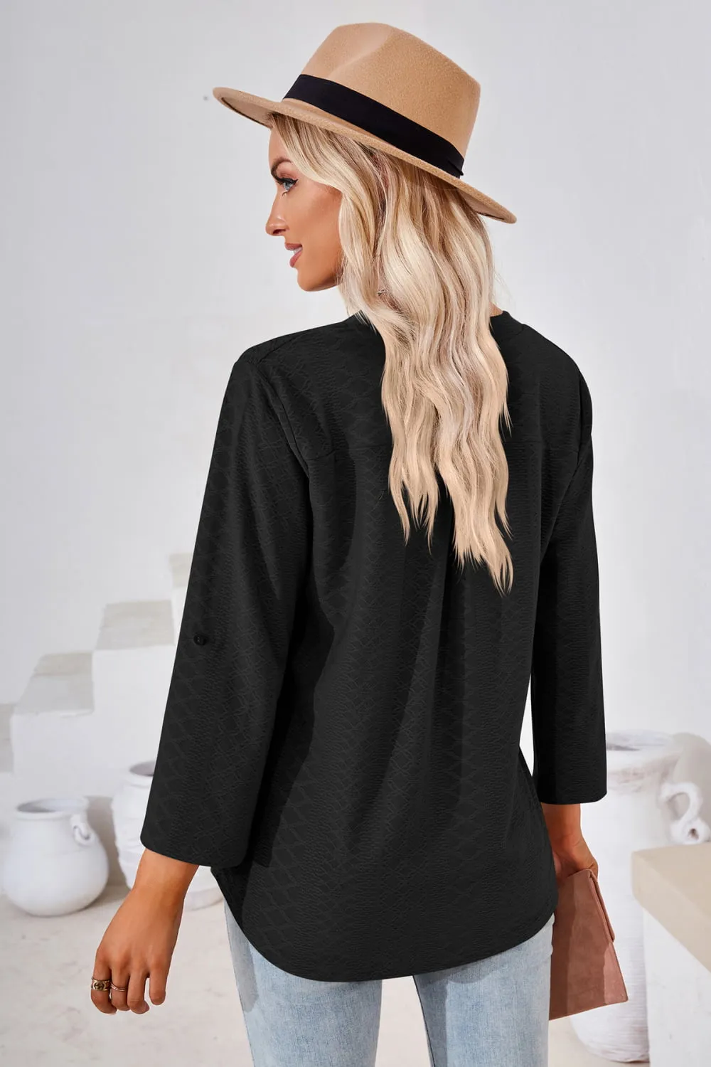 V-Neck Roll-Tap Sleeve Blouse (8 Colors)