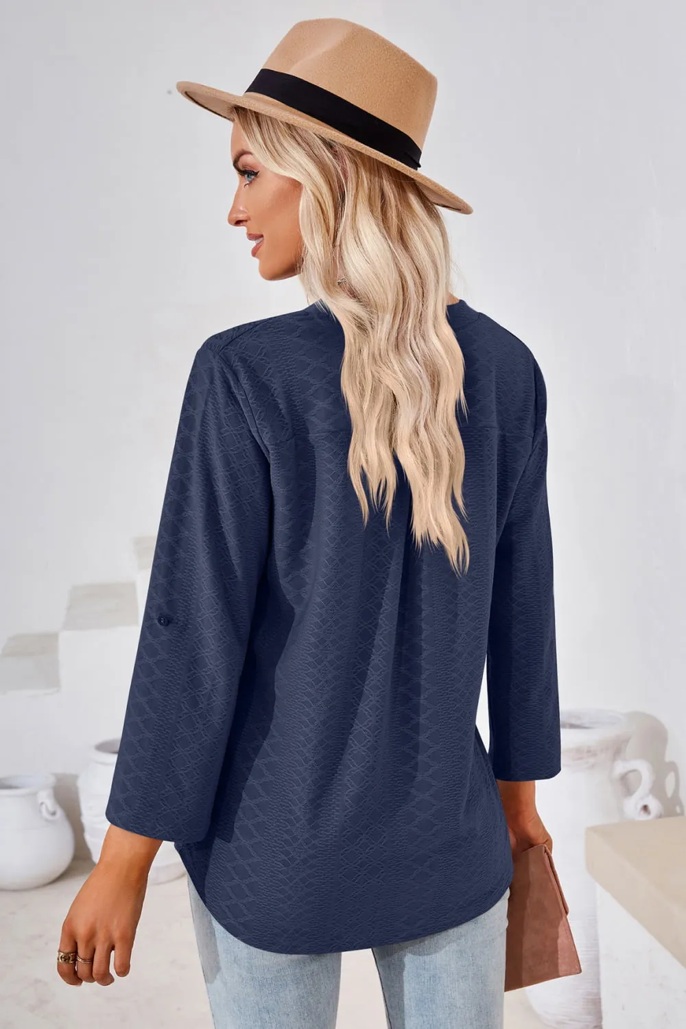 V-Neck Roll-Tap Sleeve Blouse (8 Colors)