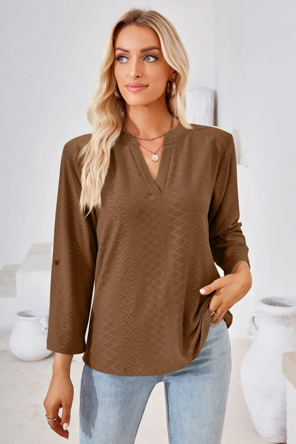 V-Neck Roll-Tap Sleeve Blouse (8 Colors)