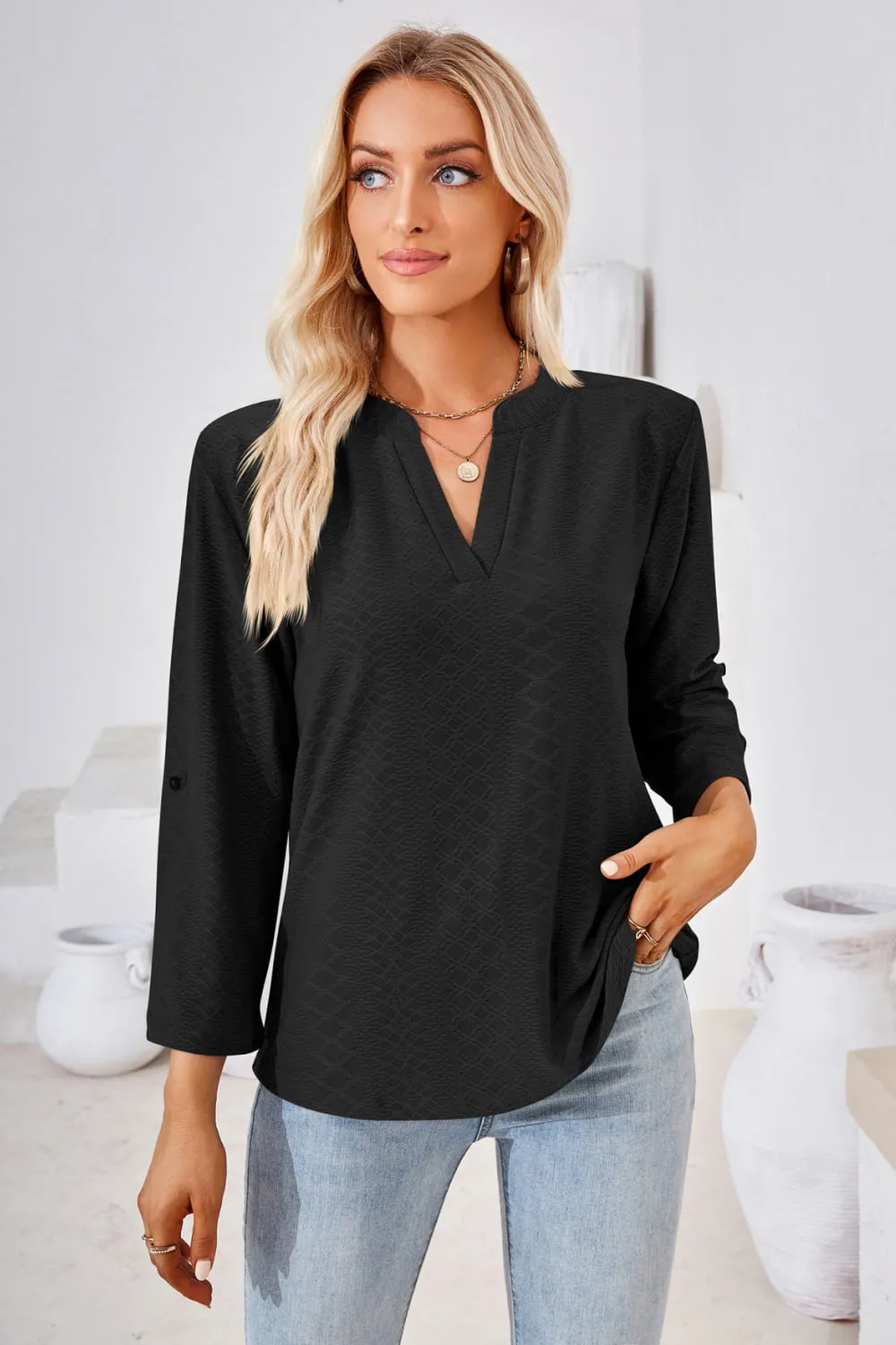 V-Neck Roll-Tap Sleeve Blouse (8 Colors)