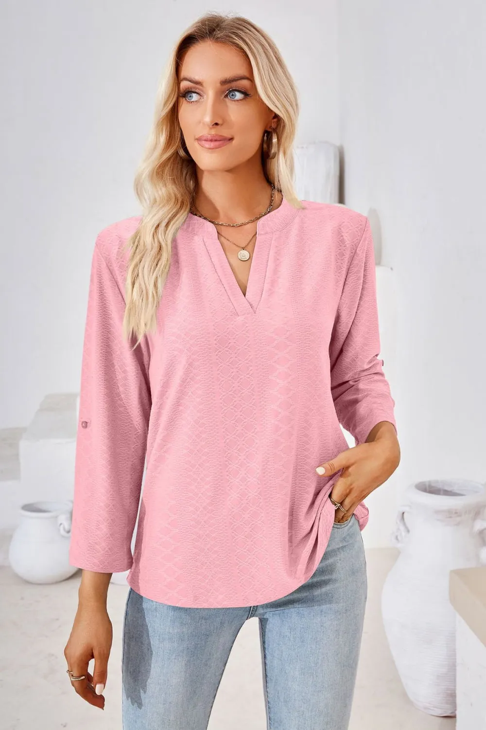 V-Neck Roll-Tap Sleeve Blouse (8 Colors)