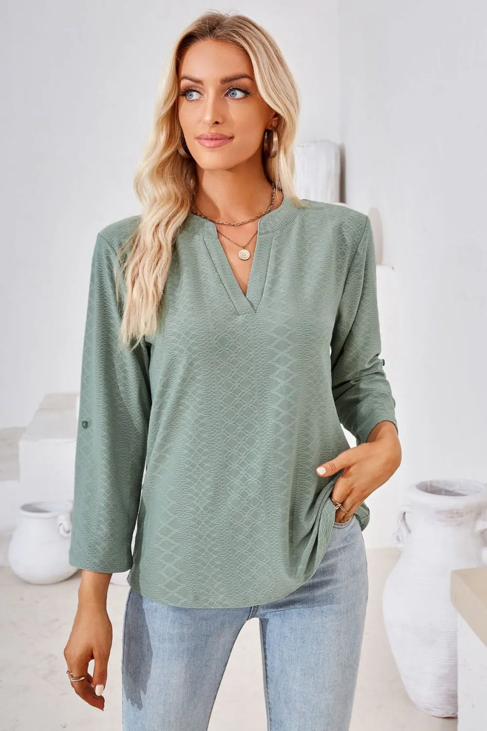 V-Neck Roll-Tap Sleeve Blouse (8 Colors)