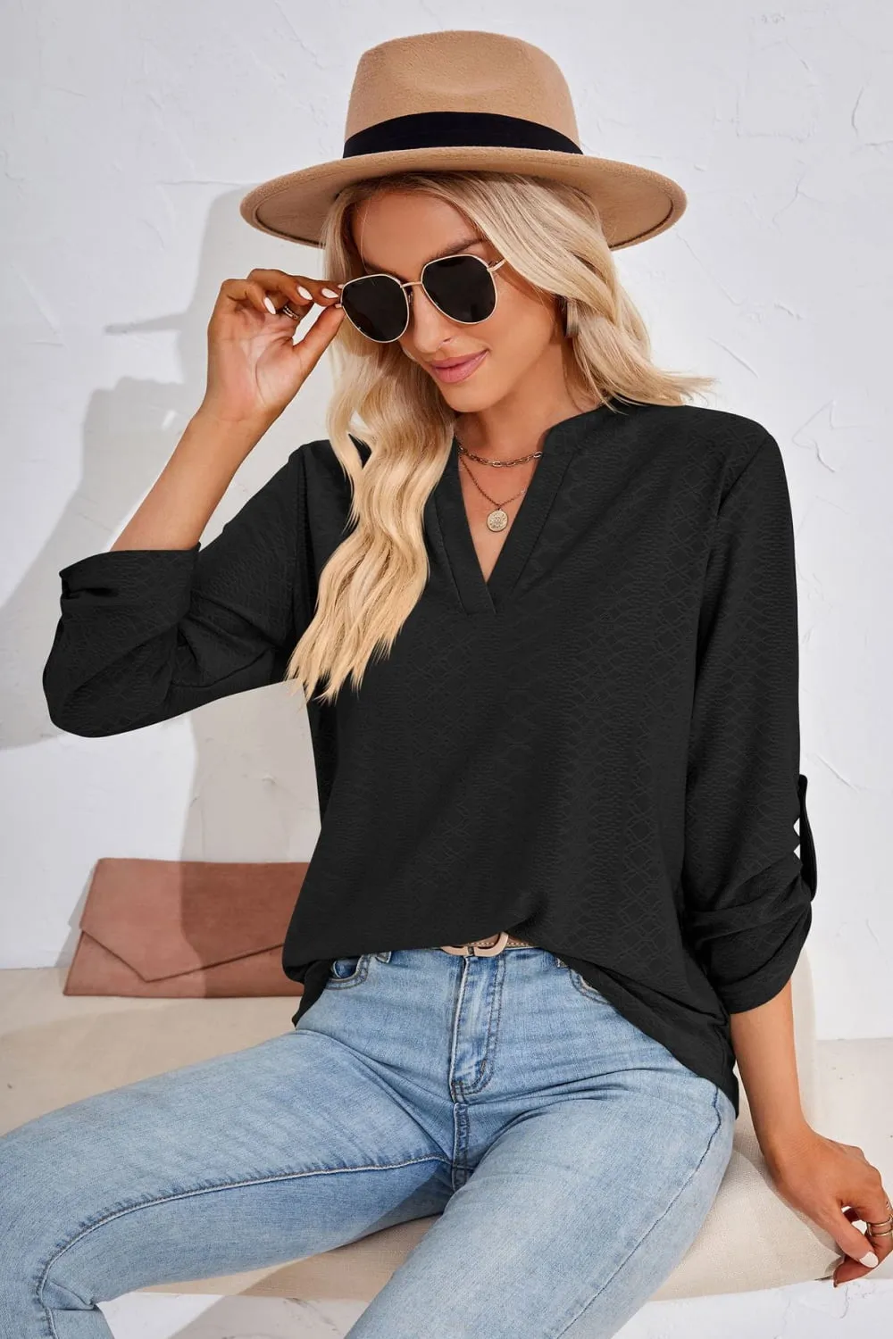 V-Neck Roll-Tap Sleeve Blouse (8 Colors)