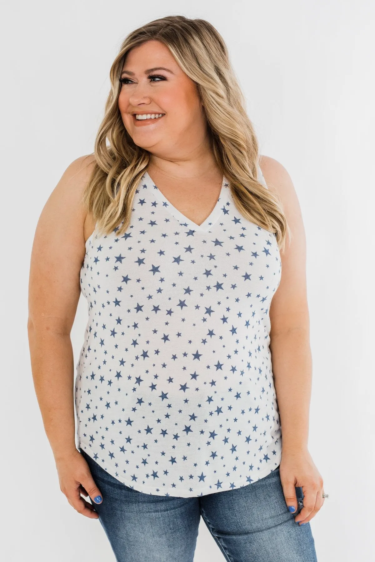 V-Neck Star Print Tank Top- Ivory & Navy