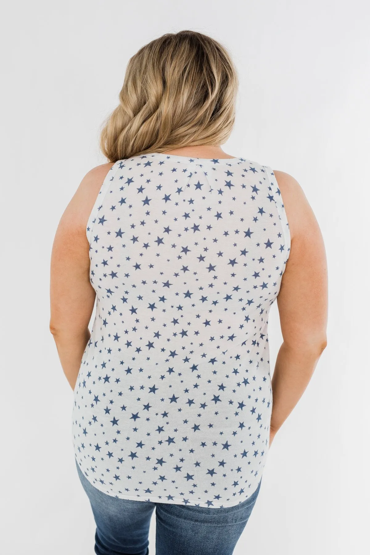 V-Neck Star Print Tank Top- Ivory & Navy