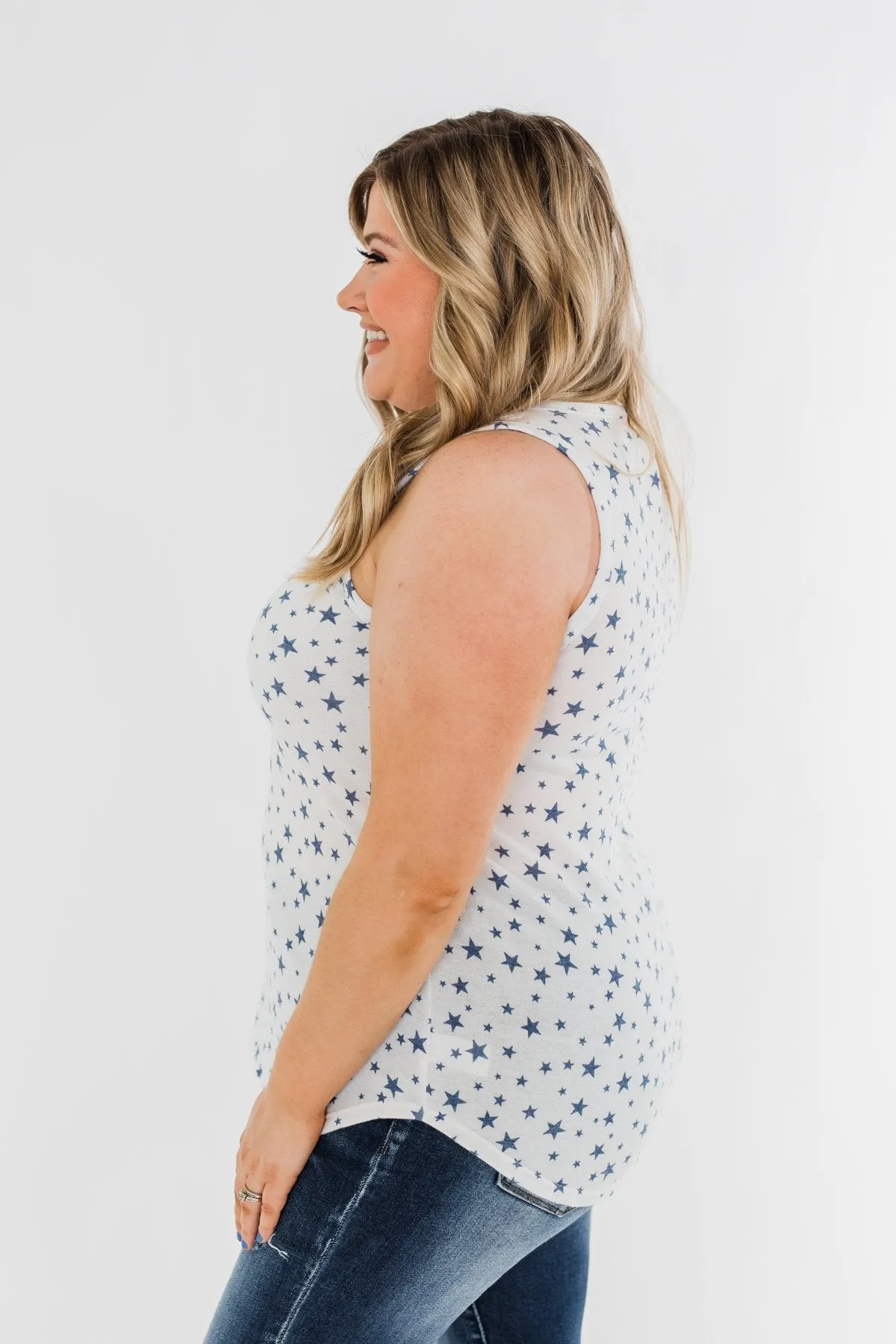 V-Neck Star Print Tank Top- Ivory & Navy