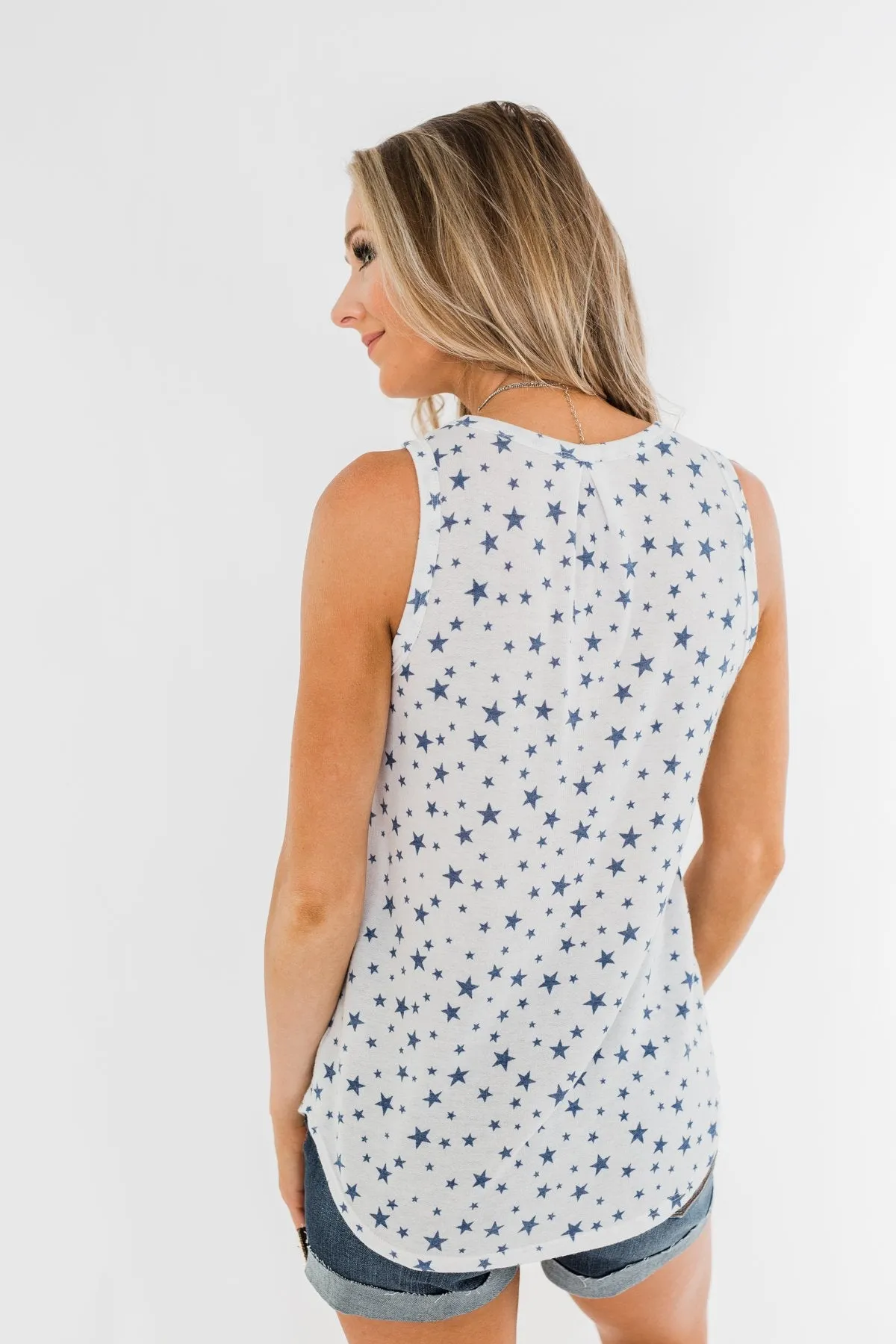 V-Neck Star Print Tank Top- Ivory & Navy