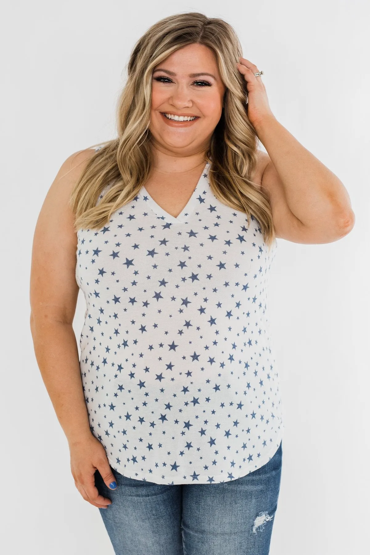 V-Neck Star Print Tank Top- Ivory & Navy