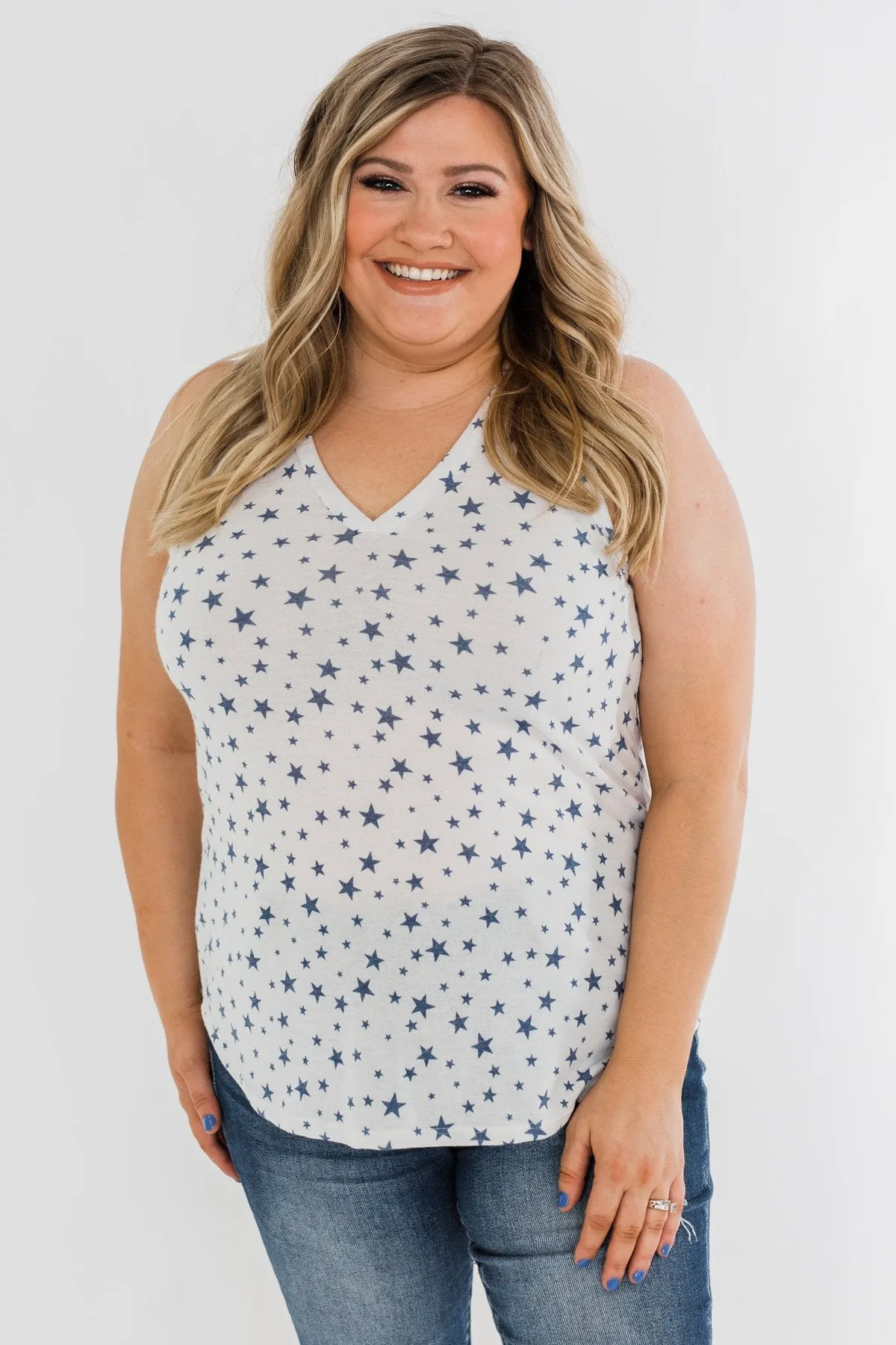 V-Neck Star Print Tank Top- Ivory & Navy