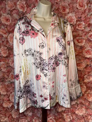 Victoria's Secret (Large) Pink//White Floral Striped Button Up Polyester Pj Top