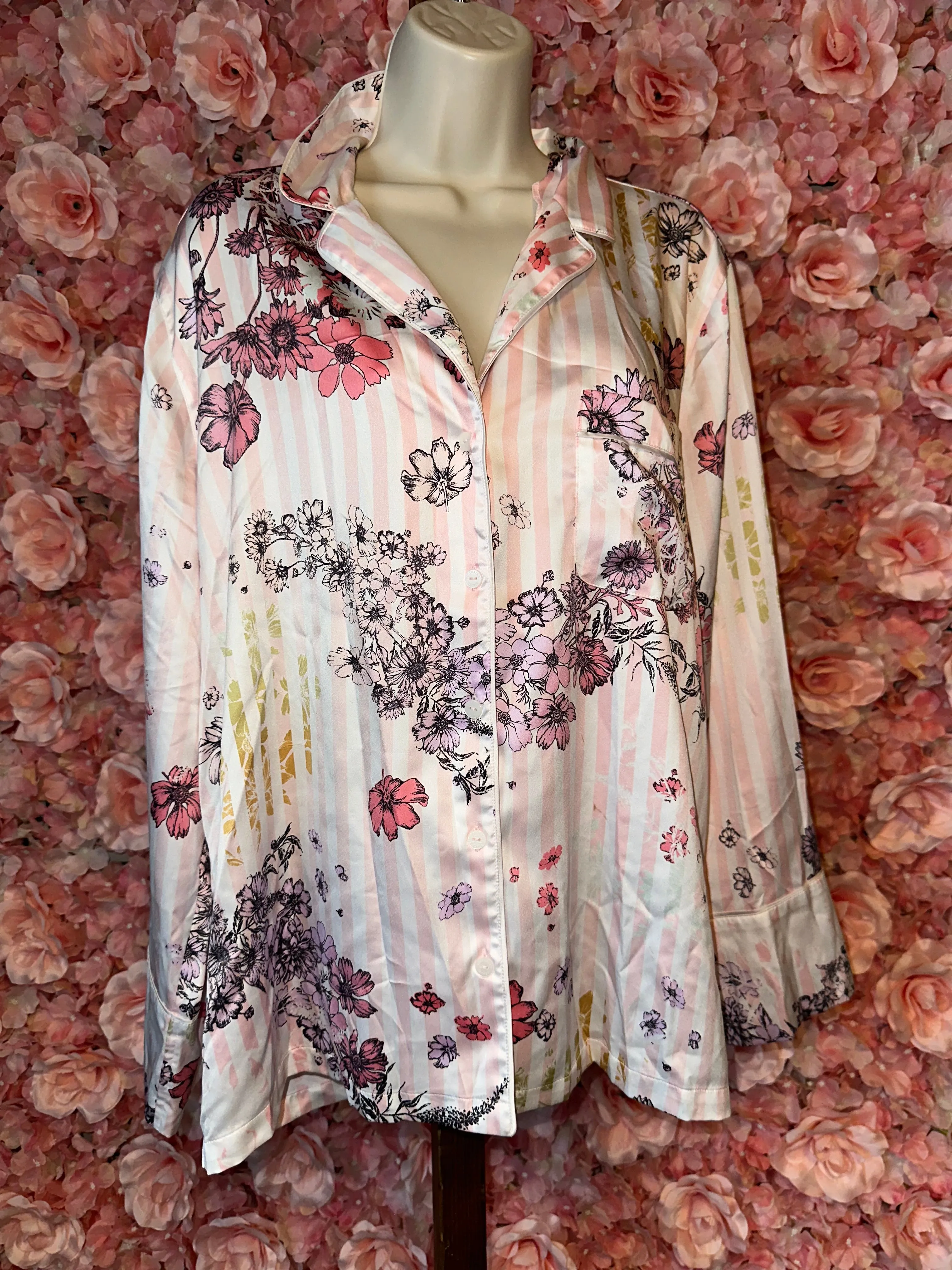 Victoria's Secret (Large) Pink//White Floral Striped Button Up Polyester Pj Top
