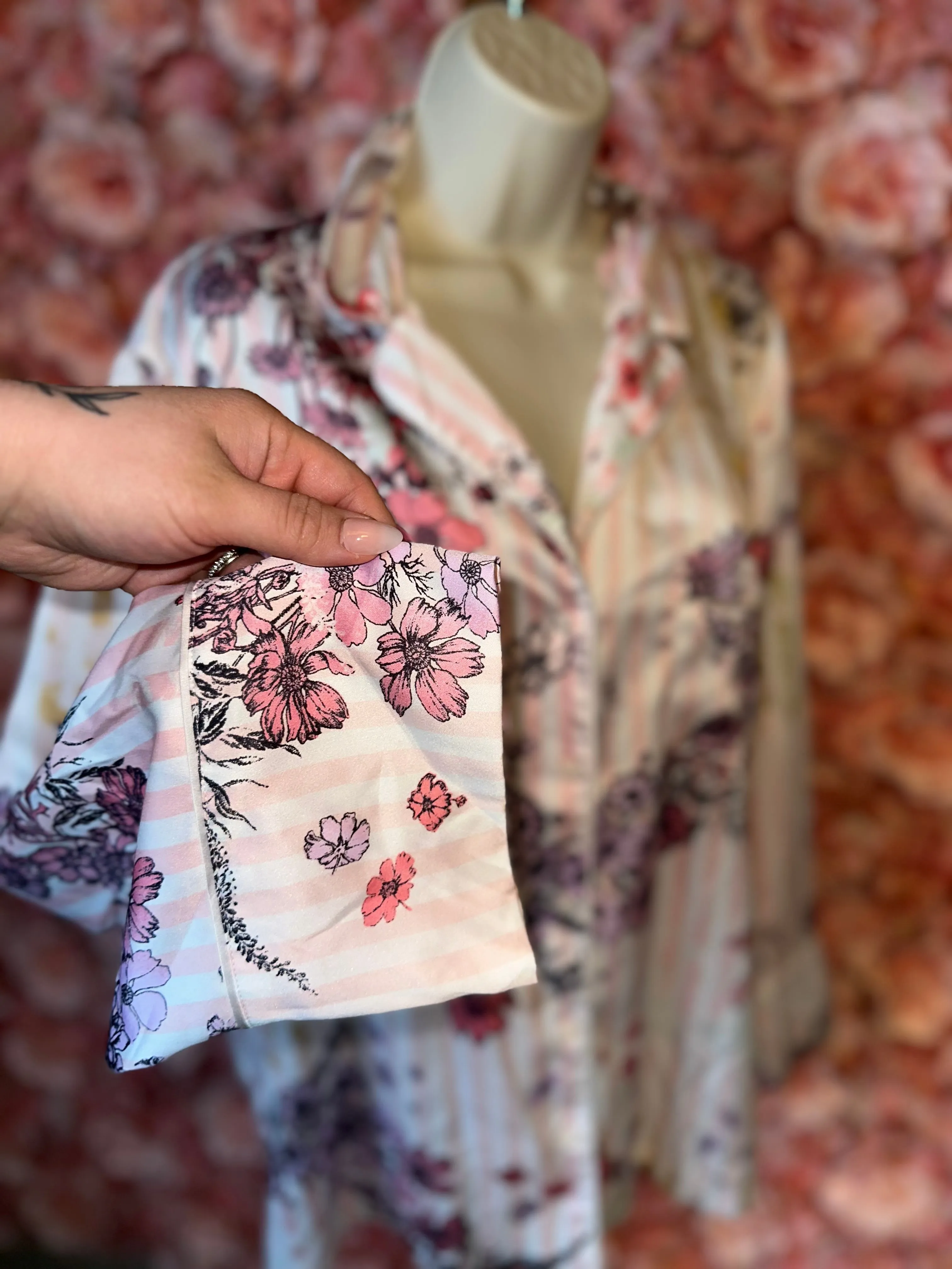 Victoria's Secret (Large) Pink//White Floral Striped Button Up Polyester Pj Top