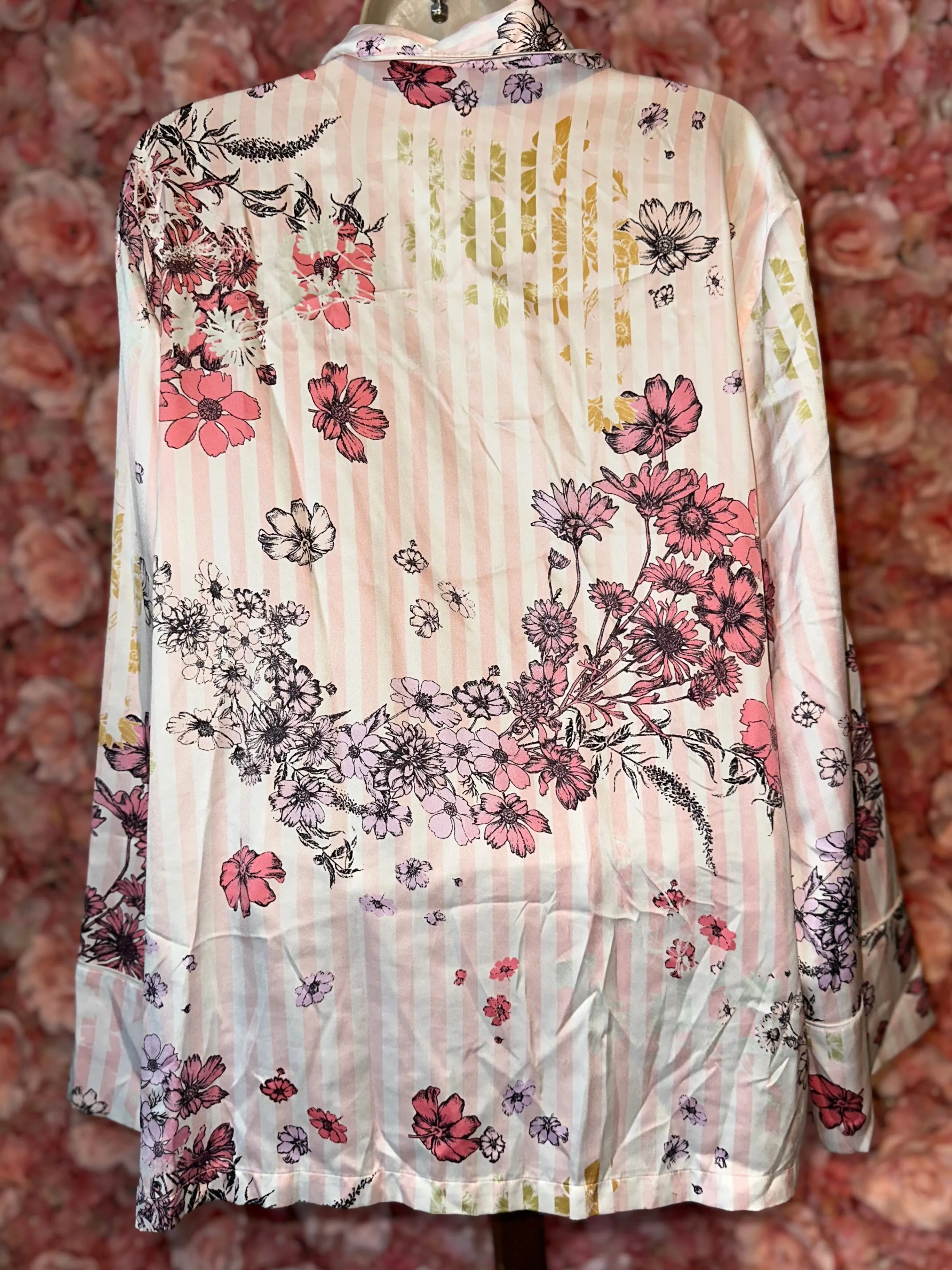 Victoria's Secret (Large) Pink//White Floral Striped Button Up Polyester Pj Top