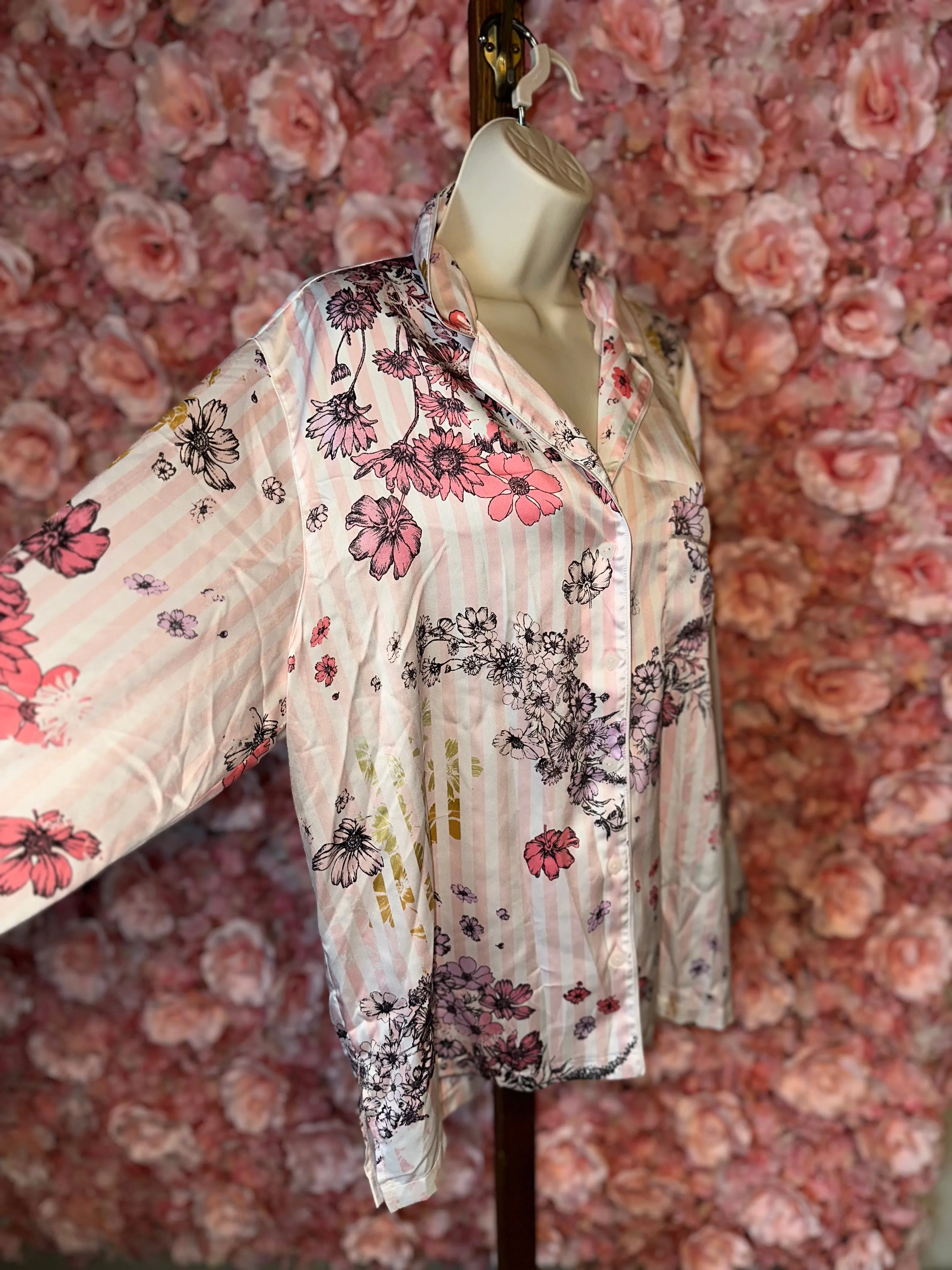 Victoria's Secret (Large) Pink//White Floral Striped Button Up Polyester Pj Top