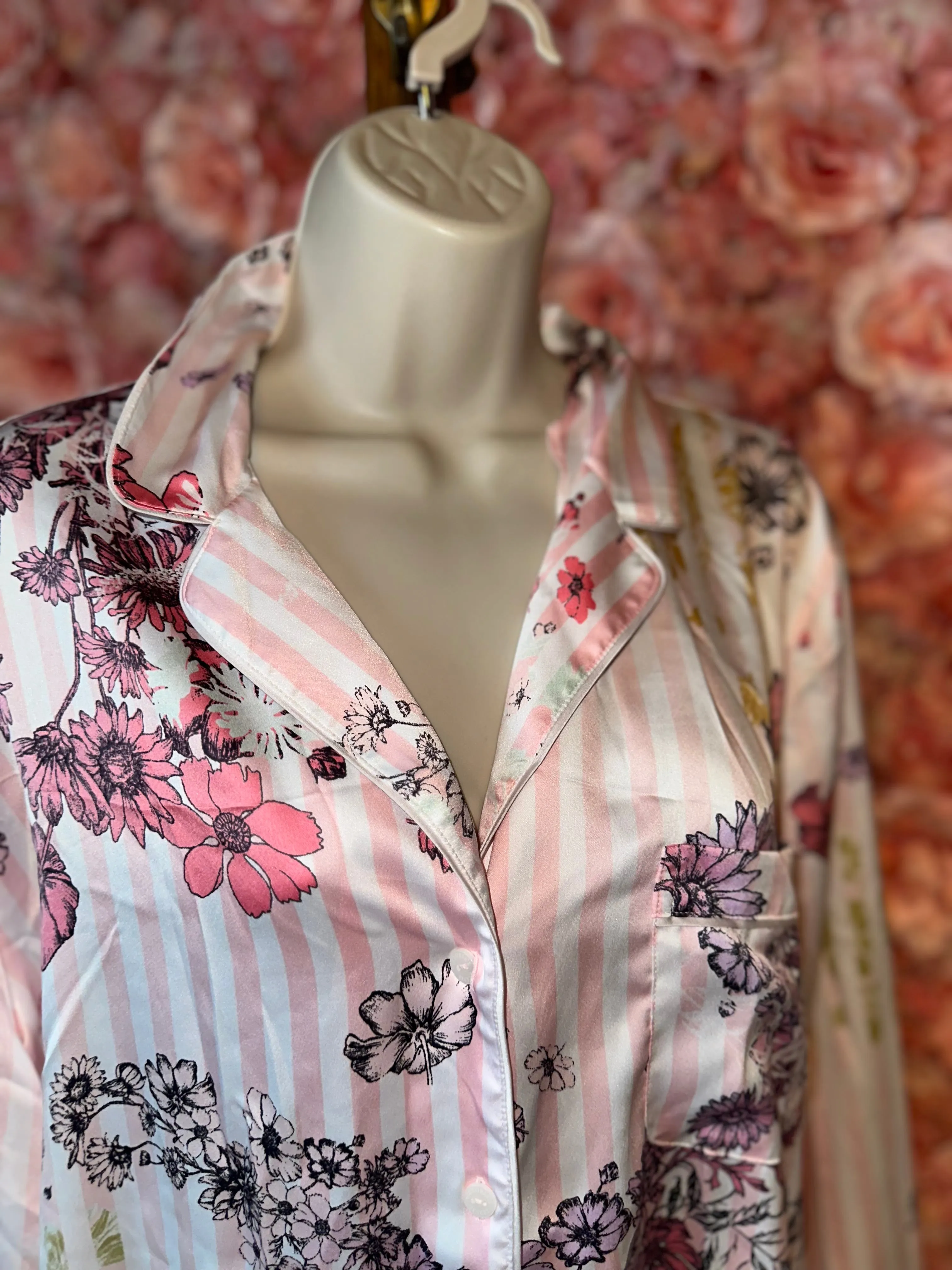 Victoria's Secret (Large) Pink//White Floral Striped Button Up Polyester Pj Top