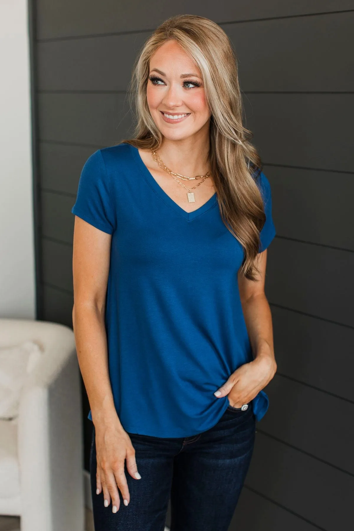 Waited So Long V-Neck Top- Light Navy