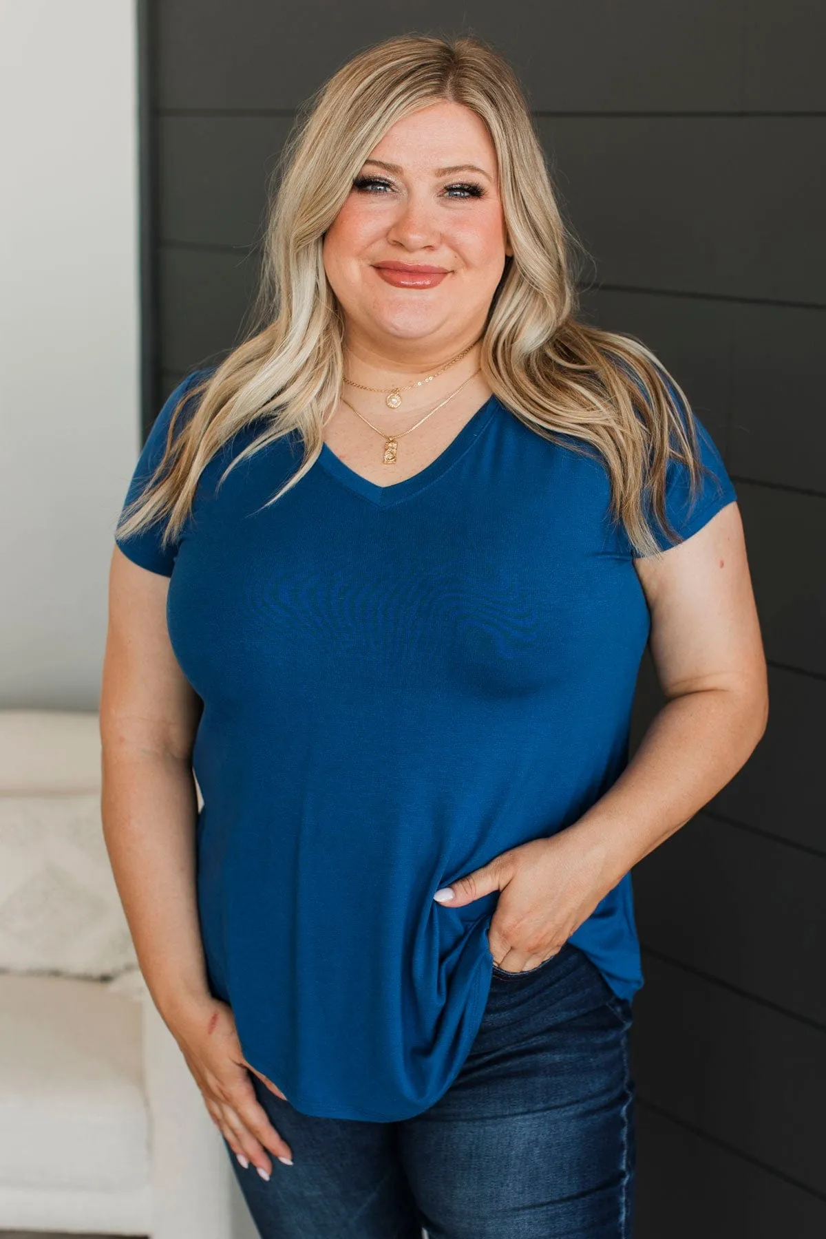 Waited So Long V-Neck Top- Light Navy