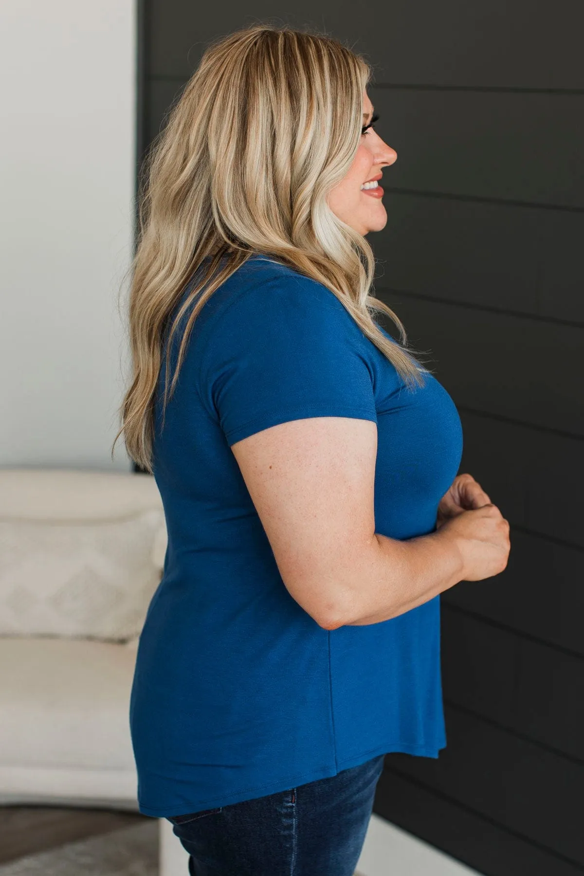Waited So Long V-Neck Top- Light Navy