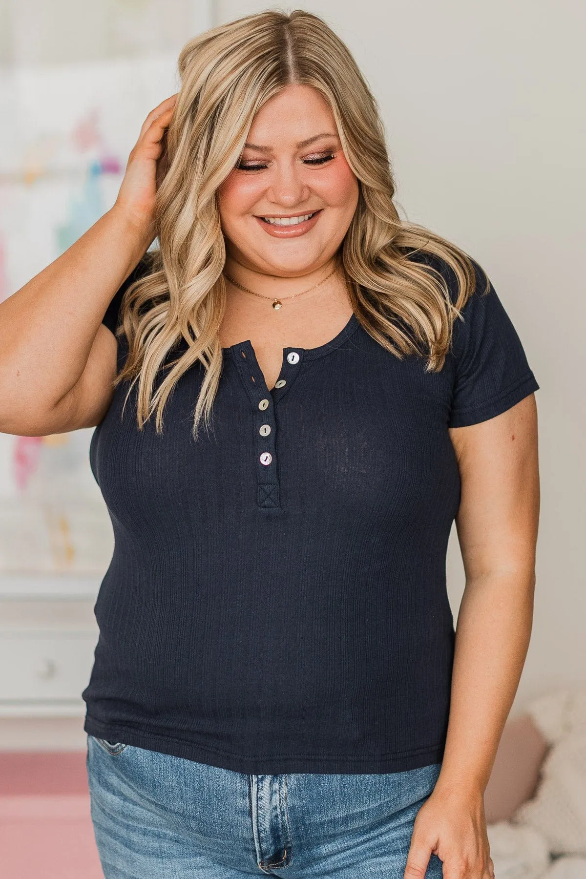 Waiting For My Invite Button Top- Dark Navy