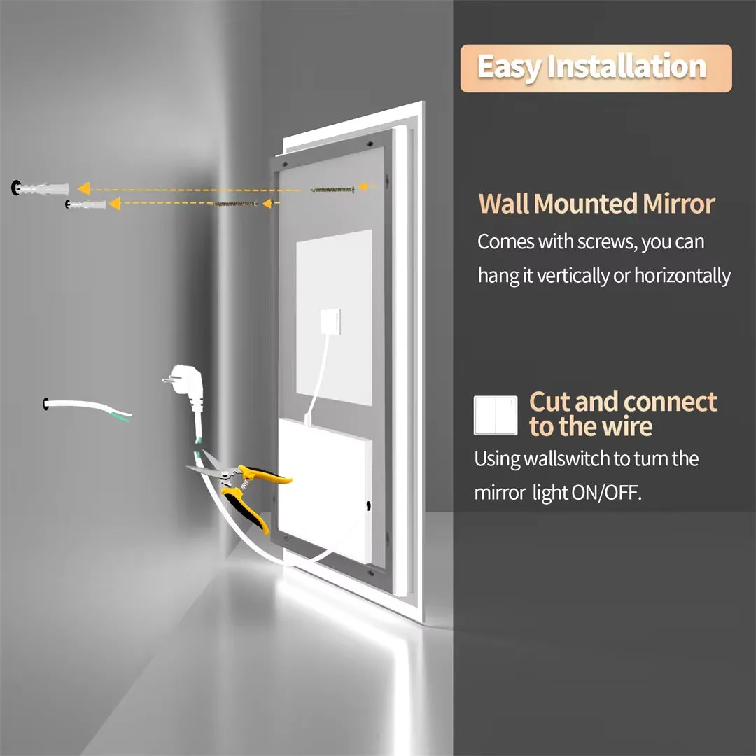 Wall-Mounted Square LED Bathroom Mirror with Anti-Fog and Dimmable Lights, 28 Inch