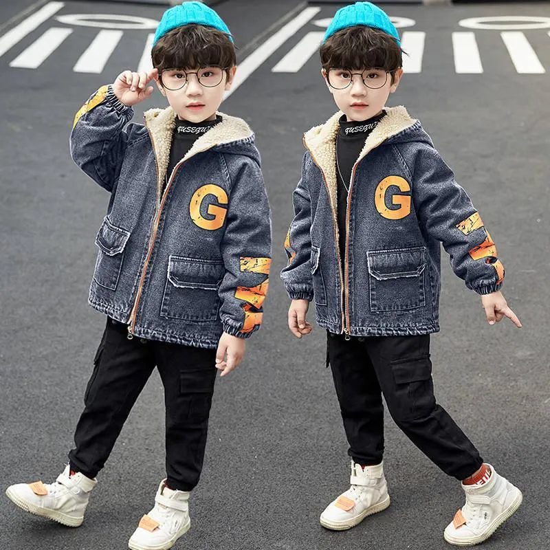 Warm Clothing Children's Jacket Thickening Plus Velvet Jacket Boy Hooded Jacket Boy Warm Jacket