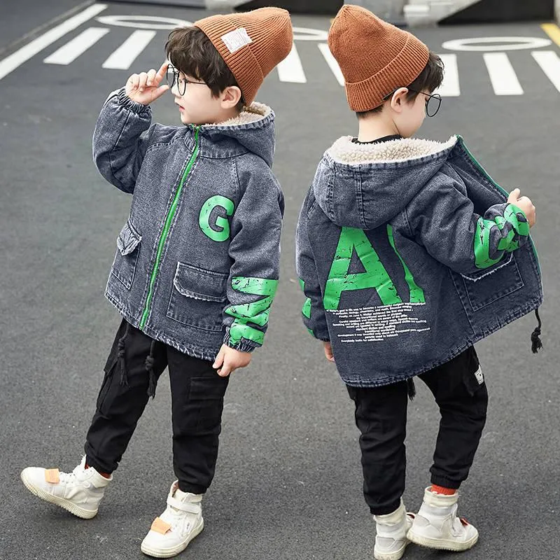 Warm Clothing Children's Jacket Thickening Plus Velvet Jacket Boy Hooded Jacket Boy Warm Jacket