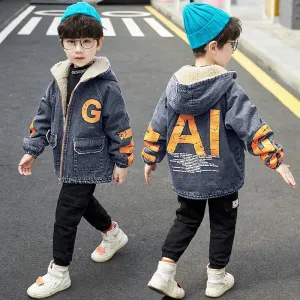 Warm Clothing Children's Jacket Thickening Plus Velvet Jacket Boy Hooded Jacket Boy Warm Jacket