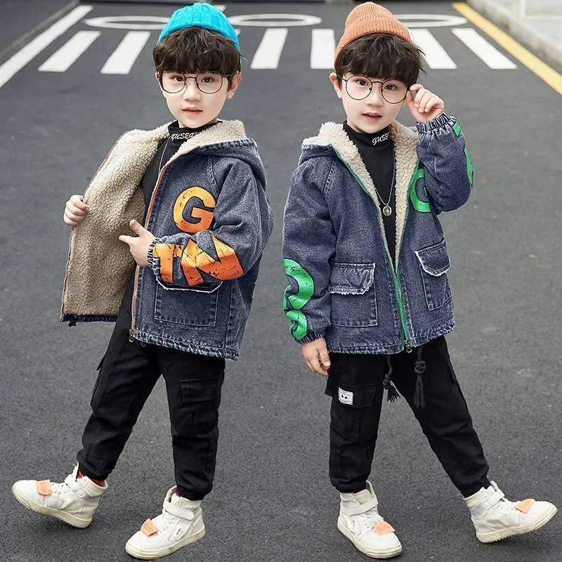 Warm Clothing Children's Jacket Thickening Plus Velvet Jacket Boy Hooded Jacket Boy Warm Jacket