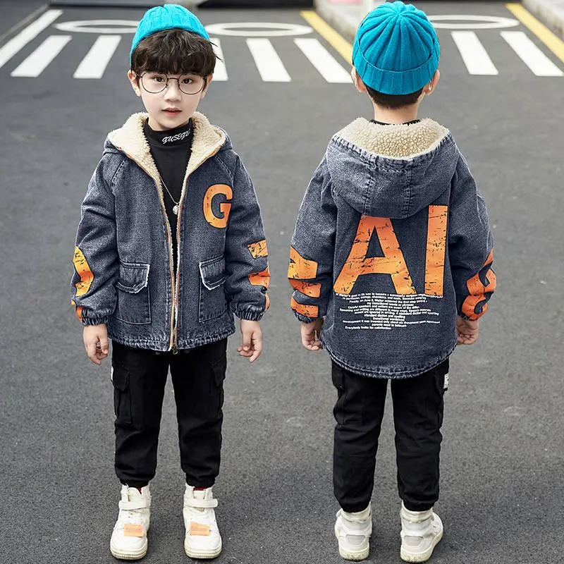 Warm Clothing Children's Jacket Thickening Plus Velvet Jacket Boy Hooded Jacket Boy Warm Jacket