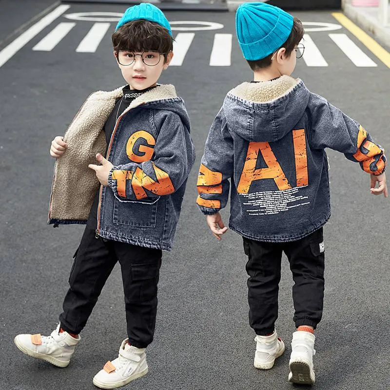 Warm Clothing Children's Jacket Thickening Plus Velvet Jacket Boy Hooded Jacket Boy Warm Jacket
