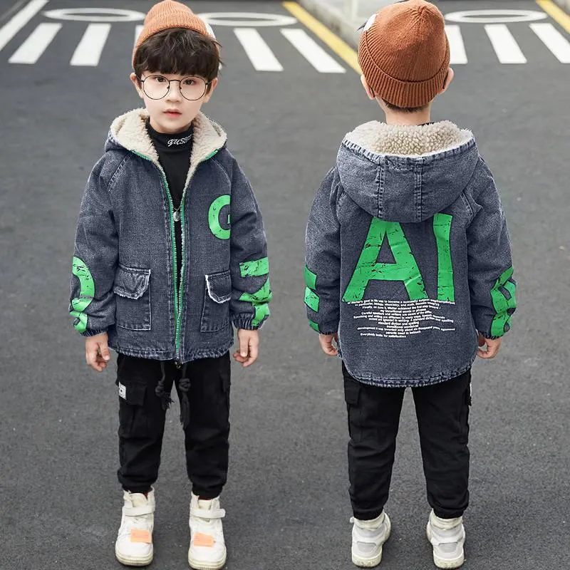 Warm Clothing Children's Jacket Thickening Plus Velvet Jacket Boy Hooded Jacket Boy Warm Jacket