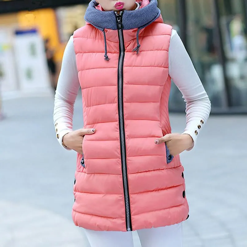 Warm Vest Women Long Hooded Waistcoat Pockets Patchwork Slim Coats Vests