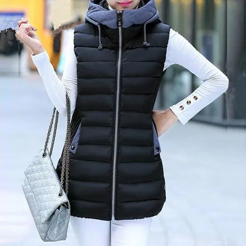 Warm Vest Women Long Hooded Waistcoat Pockets Patchwork Slim Coats Vests