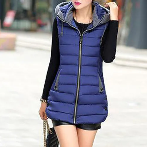 Warm Vest Women Long Hooded Waistcoat Pockets Patchwork Slim Coats Vests