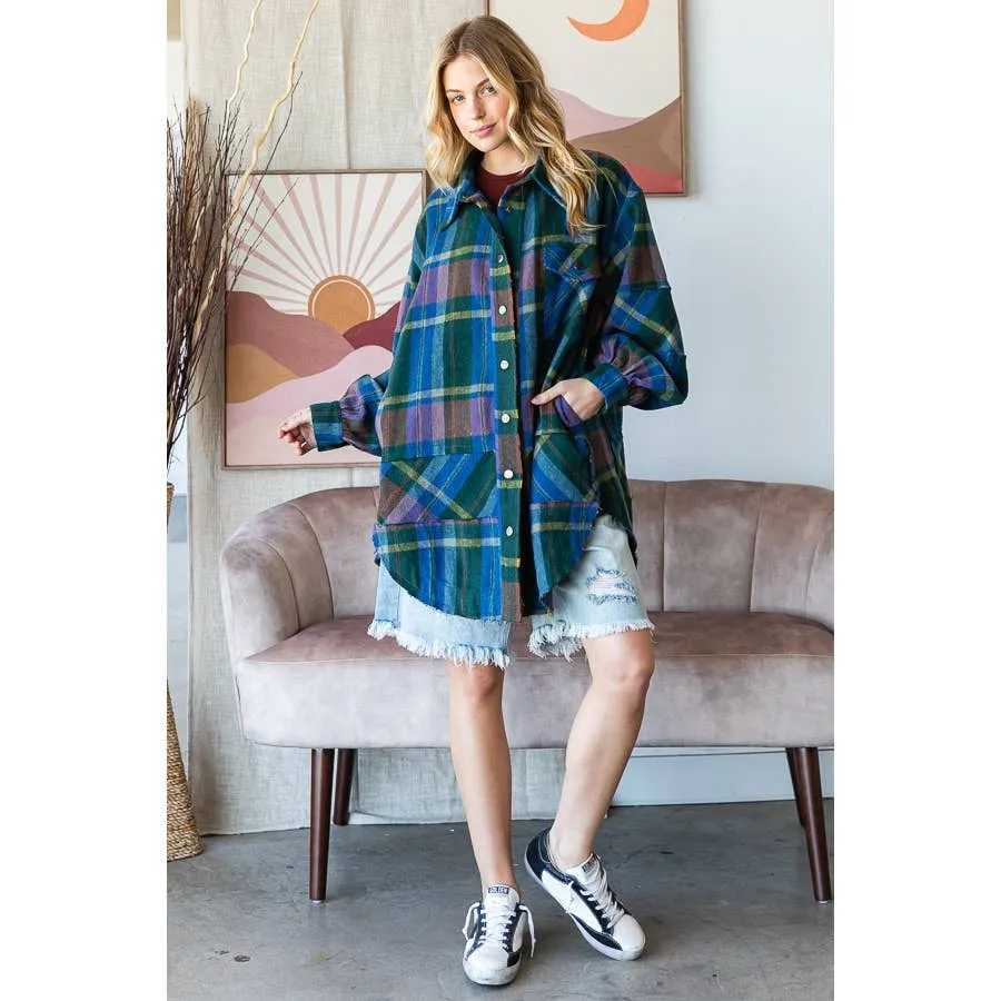 Washed Plaid Button Down Shirt : Green Combo