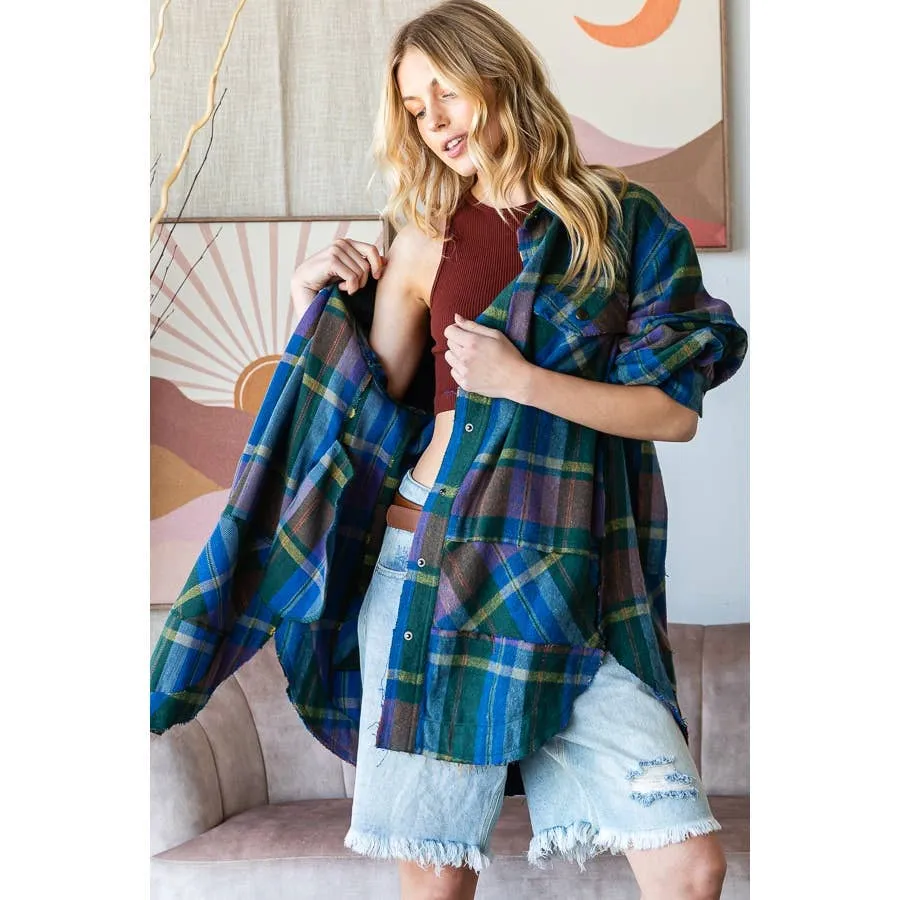 Washed Plaid Button Down Shirt : Green Combo