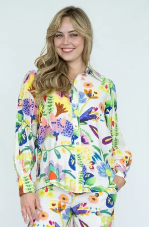 White Floral Print Collared Blouse