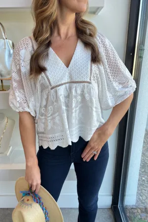 White Lace Crochet Hollowed Scallop Hem V Neck Blouse