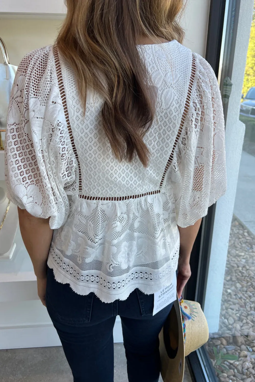 White Lace Crochet Hollowed Scallop Hem V Neck Blouse